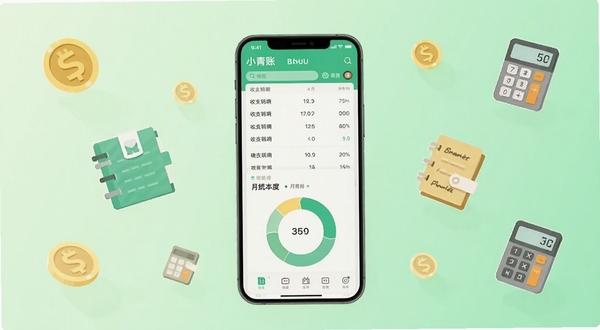 一款名为小青账的手机记账应用界面全景展示，画面中央是手机屏幕特写，屏幕内显示收支明细列表与月度环形统计图，背景为柔和浅绿色渐变，周围漂浮着金币、账本、计算器等扁平化图标，整体风格清新简约，适合记账软件宣传图
