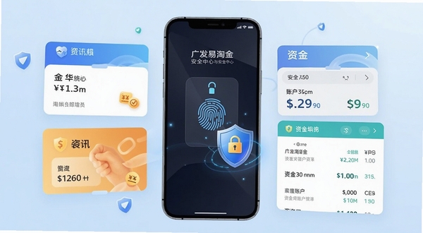 广发易淘金 安全中心与账户管理界面，画面中央手机显示指纹解锁图标与安全盾牌，周围环绕账户卡片和资金流水列表，背景为淡蓝色渐变，突出安全防护与资产管理主题，适配Boogu模型生成