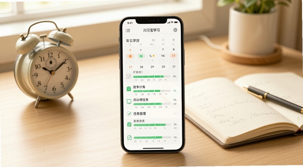 川学宝智能学习计划管理功能界面展示，手机屏幕中显示日历与任务清单，进度条呈绿色填充状态，背景为温馨书桌场景，有闹钟与笔记本点缀，画面明亮柔和，体现学习规划氛围