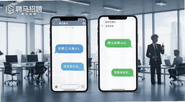 聘马招聘在线聊天沟通界面,画面主体为两部手机之间传递消息气泡,背景区域为办公室与求职者剪影,体现即时通讯与招聘场景结合,画面带有聘马招聘名称