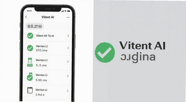 Vitent AI 版本更新功能展示图,手机屏幕显示更新日志列表,旁边有对勾图标和版本号标识,背景为简洁的白色与浅灰拼接,突出迭代感