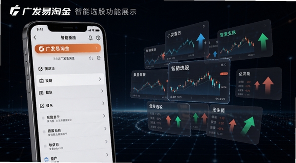 广发易淘金 智能选股功能展示图，画面左侧为手机屏幕显示选股条件设置面板，右侧浮现多个股票卡片与涨跌箭头，背景为深色科技感网格，突出数据筛选与智能推荐概念，适配Boogu模型生成