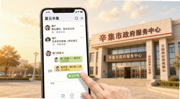 冀云辛集发布互动社区功能示意图,画面主体为手机屏幕内展示用户留言爆料界面与部门回复对话框,屏幕外有手指点击操作示意,背景为辛集市政务服务中心大楼外观,色调温暖亲和,突出互动沟通氛围