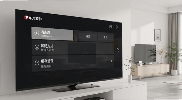 看东方软件设置界面，主体为电视屏幕显示设置菜单，包含清晰度、解码方式、缓存清理等选项，背景为简约家居环境，画面干净整洁