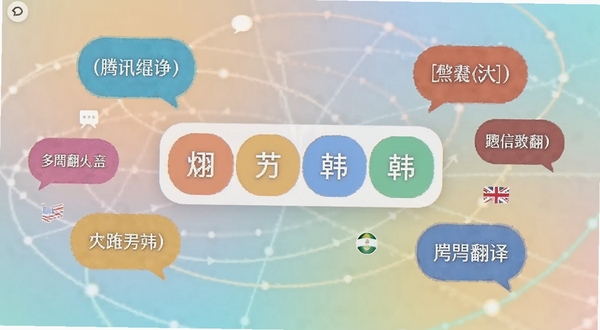 腾讯Hy翻译 多语种翻译功能界面 画面中央展示中英日韩四种语言切换按钮 周围环绕各国文字气泡元素 背景为柔和渐变色调 体现语言互通概念 适配Boogu模型生成