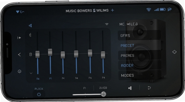 Music Bowers and Wilkins音效调节界面截图,手机屏幕显示均衡器滑块和预设模式列表,背景为深色渐变,突出科技感与专业音频调节氛围,画面中包含宝华韦健音箱轮廓