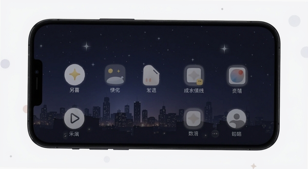 另喜夜间模式界面展示，手机屏幕呈现深色背景与柔和图标，背景为夜晚城市剪影与星光，画面整体安静舒适，突出另喜界面清爽无干扰、适合夜间使用的特点
