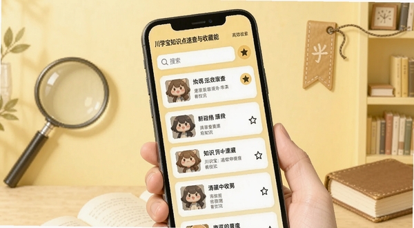 川学宝知识点速查与收藏功能界面，手机屏幕展示卡片式知识列表，带有搜索框与收藏星标，背景为淡黄色书房环境，有放大镜与书签元素，整体呈现高效检索的学习氛围