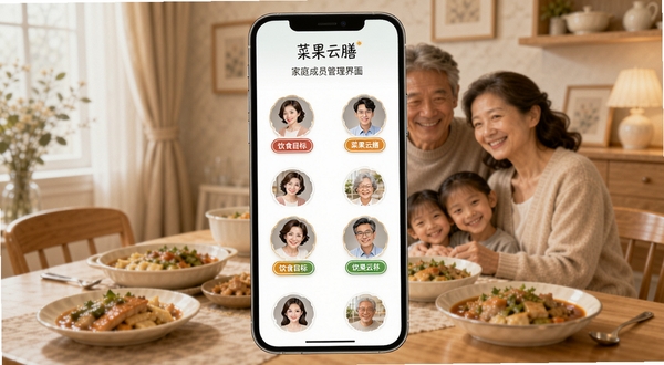 菜果云膳家庭成员管理界面，手机屏幕显示多个家庭成员头像和各自的饮食目标标签，背景是温馨的家庭餐厅场景，桌上有丰盛的饭菜，整体氛围和谐有爱