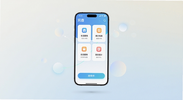 另喜应用主界面全景展示，画面中央为手机屏幕悬浮于浅色渐变背景之上，屏幕内呈现简洁的卡片式功能布局，包含生活服务图标与操作按钮，四周点缀柔和的几何光斑，整体色调清新自然，渲染风格写实细腻，突出另喜品牌标识与科技感