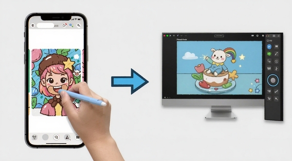 轻松涂涂色使用教程示意图,画面左侧展示手机屏幕上的填色操作手势,右侧展示电脑模拟器运行界面,中间用箭头连接,背景为简洁的浅灰色,突出操作步骤对比
