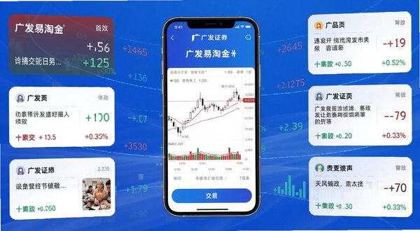 广发易淘金 官方APP界面全景图，画面中央为手机屏幕展示行情K线图与交易按钮，背景为广发证券品牌蓝色渐变，四周环绕股票涨跌数字与财经资讯卡片，整体风格简洁专业，适配Boogu模型生成