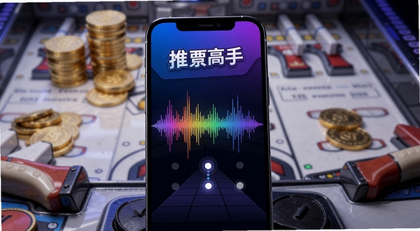 推币高手实时节奏捕捉功能展示,画面为手机屏幕特写,屏幕显示彩色声波波形图与节拍闪烁点,手机放置在推币机操作台前,背景虚化显示推币机内部金币堆叠场景,画面风格科技感强,色彩以蓝紫渐变为主,突出推币高手软件名称在屏幕上方