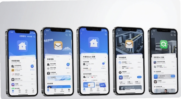 蓝领直聘同类应用对比展示,画面为多部手机并排陈列,每部手机屏幕显示不同招聘类应用的图标和界面缩略图,背景为柔和的浅灰色渐变,整体风格简洁商务,适配Boogu模型生成