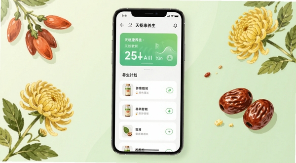 天枢康养生软件主界面展示,画面中央是手机屏幕,屏幕内呈现健康数据卡片与养生计划列表,背景为柔和浅绿色渐变,周围点缀枸杞、菊花、红枣等养生元素插画,整体风格清新自然,适配Boogu模型生成