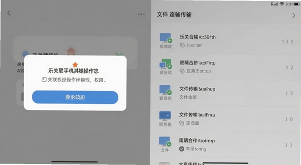 乐关联手机端操作界面截图,展示权限授予弹窗和文件传输列表,界面布局清晰,背景为浅灰色,突出操作步骤