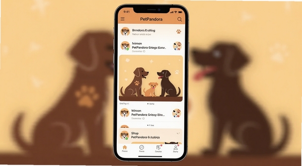 PetPandora宠物社区 官方版 主界面 宠物社交应用 手机屏幕 展示宠物动态信息流 温暖色调 扁平化设计 背景为虚化的宠物剪影 高清UI展示图