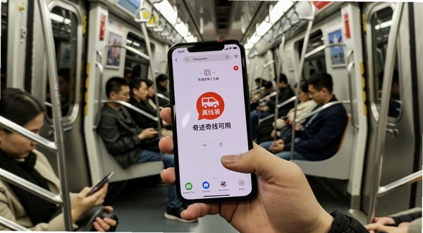 奇迹秀工具箱离线使用场景，画面为地铁车厢内乘客手持手机使用工具箱界面，屏幕显示离线可用标识，背景为车厢内部环境，突出无网络也能用的便捷性