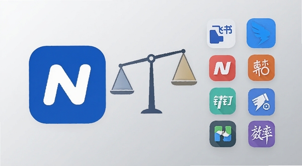 现代N与其他效率工具对比示意图，画面左侧为现代N图标，右侧排列飞书钉钉等常见应用图标，中间用简洁天平图案表示功能均衡，背景为浅灰渐变，画面主体居中，适配Boogu模型生成