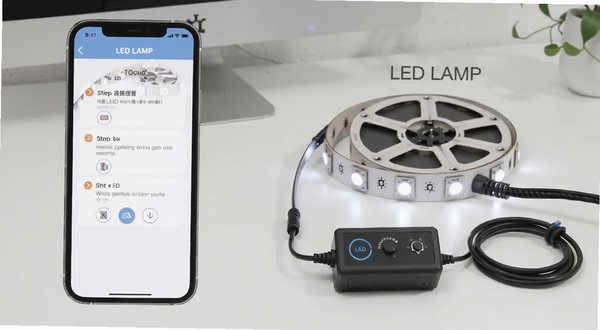 LED LAMP使用教程示意图，画面左侧为手机屏幕显示连接步骤界面，右侧为LED灯带与控制器实物，背景为简洁桌面环境，整体风格清晰易懂，适配Boogu模型生成