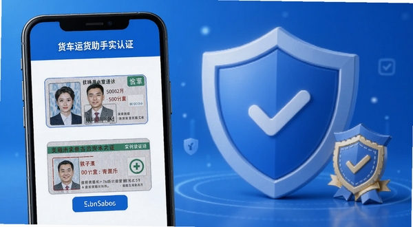 货车运货助手实名认证界面，手机屏幕显示身份证与行驶证上传区域，背景为安全盾牌与认证徽章元素，色调蓝色为主