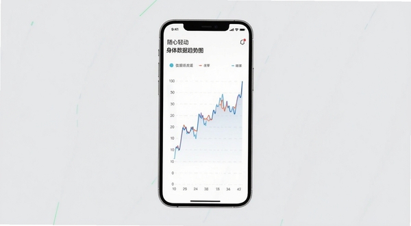 随心轻动身体数据趋势图界面,手机屏幕显示折线统计图表,背景为浅灰色极简风格,主体手机居中,图表线条清晰可见,适配Boogu模型生成