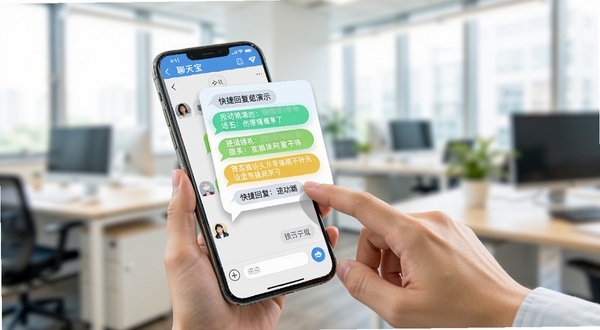 聊天宝客服聊天助手 快捷回复功能演示图 画面中一只手正在点击手机屏幕上的悬浮气泡 气泡内显示多条预设话术 手机屏幕显示聊天界面 背景为虚化的办公室环境 明亮色调