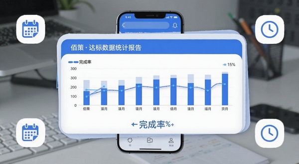 佰策达标数据统计报告页面,手机屏幕展示柱状图与折线图组合,图表下方有完成率百分比数字,背景区域为白色卡片式布局,周围环绕日历与时钟小图标,画面色调以蓝白为主,营造专业可靠的数据分析氛围