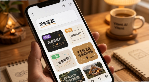 Vitent AI 灵感生成界面特写,手机屏幕显示输入框内写着“周末露营”,下方弹出多条风格各异的文案卡片,卡片带有彩色标签,背景为温馨的室内桌面环境,光线柔和