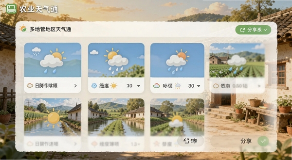 农业天气通多地区管理界面,画面显示多个村镇天气卡片列表与分享按钮,背景是乡村院落场景,风格温馨,带软件名称