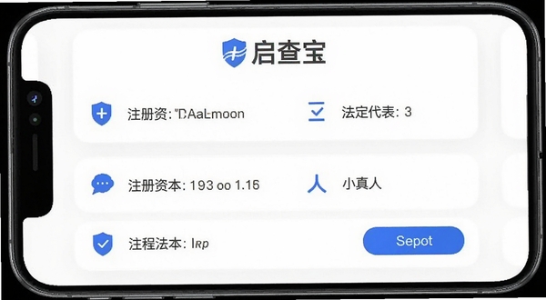 启查宝企业工商信息查询结果页面,手机屏幕显示企业名称、注册资本、法定代表人等字段,背景为白色卡片式布局,辅以蓝色图标点缀,画面简洁明快,突出启查宝品牌标识