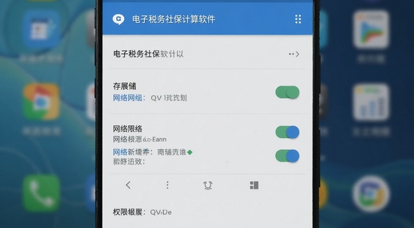 电子税务社保计算软件在手机上的权限设置界面截图，画面主体为安卓系统的应用权限管理页面，背景区域为模糊的手机桌面壁纸，突出存储与网络权限开关的视觉焦点