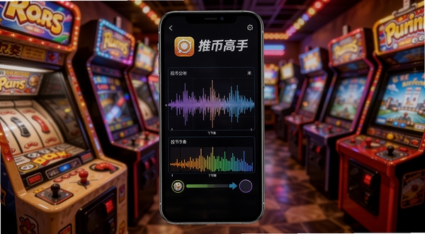 推币高手软件主界面展示,画面中央为手机屏幕显示推币机节奏分析界面,屏幕上方有推币高手应用名称与图标,屏幕中显示实时波形与投币节奏指示条,背景为温馨的电玩城环境,有推币机与彩色灯光点缀,整体风格明亮活泼,科技感与娱乐感结合,高清画质