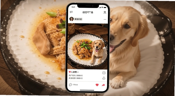 附近陌泡约会 动态广场页面 用户发布美食与宠物照片 点赞评论图标 暖色调界面 手机竖屏展示