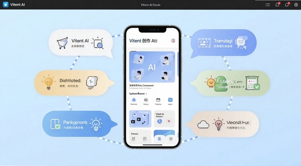 Vitent AI 软件启动界面与核心功能模块总览,画面中央展示手机屏幕内 Vitent AI 的简洁创作面板,周围环绕文字气泡与灵感图标,背景为柔和的浅蓝色渐变,整体风格现代清爽,适合应用商店展示图