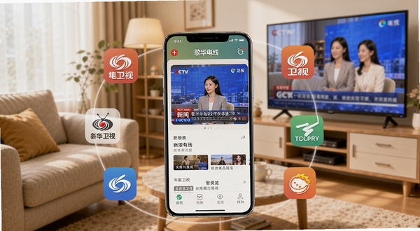 画面中央是一部智能手机，屏幕亮起显示歌华有线应用界面，界面中正在播放新闻节目，手机周围环绕着央视、卫视等频道图标，背景是温馨的客厅环境，有沙发和电视柜，电视柜上放着一台大屏电视正在播放同样的画面，整体色调温暖明亮，突出多屏互动与家庭娱乐场景，画面清晰简洁，适合软件宣传展示