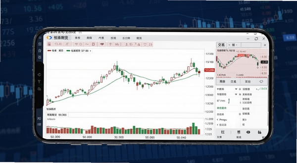 恒泰期货通软件界面全貌展示,手机屏幕中央呈现期货行情K线图与交易面板,背景为深蓝色金融数据氛围,整体风格专业简洁,适配Boogu模型生成