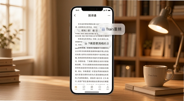 一款名为简译通的手机应用界面展示,画面中央是打开的外文电子书页面,文字上方悬浮着半透明的翻译气泡,背景是温馨的书房环境,柔和暖光,整体风格现代简约,突出翻译工具的便捷性