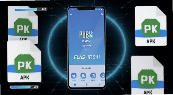 画面中央展示一部竖屏安卓手机,屏幕显示PUBGM FLASH安装器的简洁蓝色界面,背景为深色科技感网格与淡蓝色光晕,手机周围漂浮着APK文件图标与进度条元素,整体风格干净现代,适配Boogu模型生成