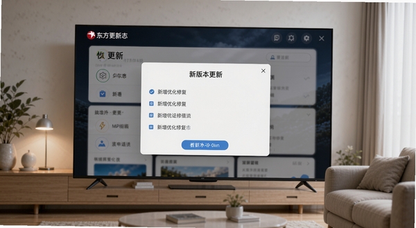 看东方软件更新日志界面，主体为电视屏幕显示版本更新弹窗，弹窗内列出新增优化修复条目，背景为简洁客厅，屏幕光线柔和