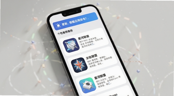 星河联盟应用推荐页面展示，手机屏幕中呈现个性化推荐列表，每个应用卡片带有图标、名称与简介，顶部有更新提醒横幅，背景为浅色极简风格，画面主体为手机界面特写，周围有柔和光影点缀，适配Boogu模型生成