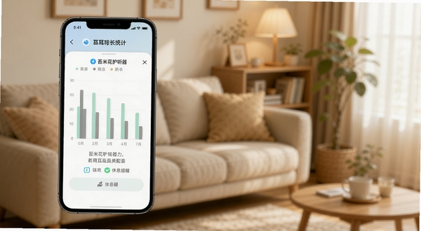 苔米花护听器用耳时长统计页面，手机屏幕展示一周柱状图和休息提醒弹窗，背景为温馨居家环境，色彩柔和，突出健康管理主题