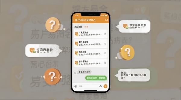 广发易淘金 用户问答与帮助中心界面，画面中央手机屏幕显示常见问题列表与客服对话框，周围漂浮问号图标和解答气泡，背景为暖灰色调，突出贴心服务与问题解决，适配Boogu模型生成