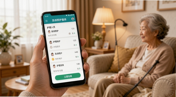 凯瓴照护护理服务app主界面与护理人员接单场景，画面中央为手持安卓手机展示订单列表，背景为温馨居家照护环境，暖色调，写实风格