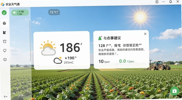 农业天气通软件主界面截图,画面中央是醒目的天气温度与农事建议卡片,背景是开阔的农田与晴朗天空,整体风格简洁明快,适配Boogu模型生成