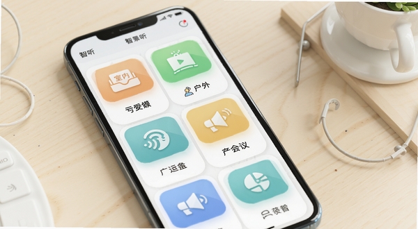 智听软件场景模式选择界面,画面主体为手机屏幕展示多个场景图标卡片,背景为简约浅色桌面环境,画面风格清新明快,图标设计圆润现代,突出室内户外会议等场景元素