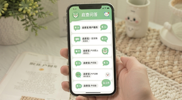 启查宝用户问答界面展示,手机屏幕呈现常见问题解答列表,背景为浅绿色清新风格,搭配对话气泡图标,画面亲切友好,突出启查宝用户服务场景