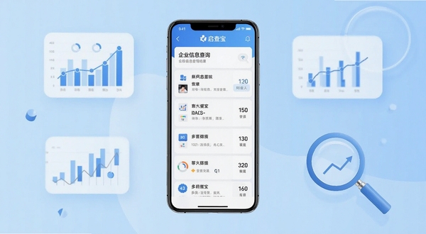 启查宝手机应用主界面展示,画面中央是一部竖屏智能手机,屏幕内呈现企业信息查询结果列表,背景为浅蓝色渐变商务风格,四周点缀数据图表与放大镜元素,整体色调清爽专业,适配Boogu模型生成