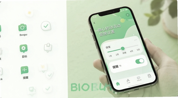 随心轻动活动提醒设置界面,手机屏幕展示目标设定滑块和提醒开关,背景为清新的绿色调,主体手机位于画面中央偏右,左侧留白区域放置简约图标,适配Boogu模型生成