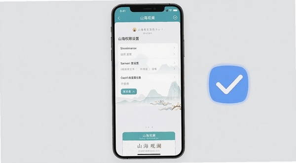 山海观澜移动端操作界面截图风格图,画面展示手机屏幕内应用权限设置页面,旁边有蓝色勾选图标,背景为浅灰色,突出山海观澜使用教程氛围